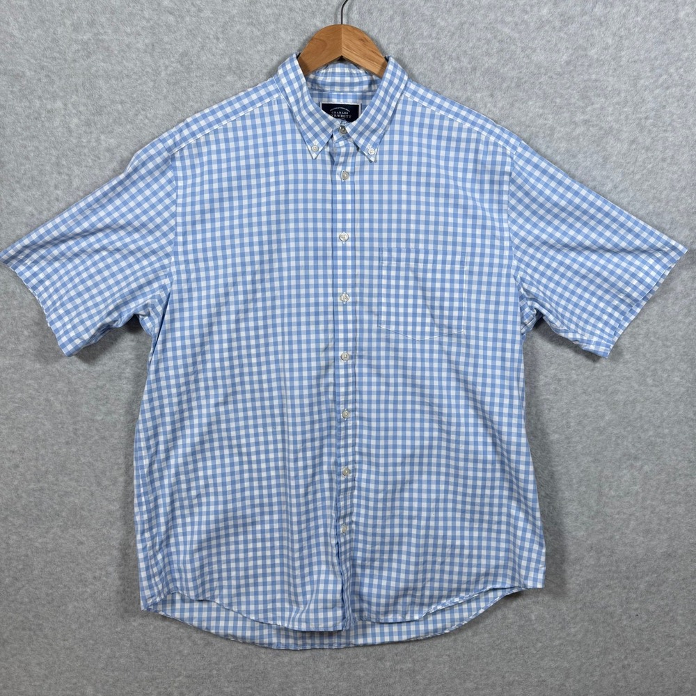 Charles Tyrwhitt Mens XL Blue Gingham Short Sleeve Non-Iron Button Down Shirt